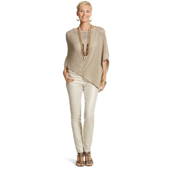 Chicos beige platinum denim ankle pants with metallic gold lattice design - Picture 2 of 16